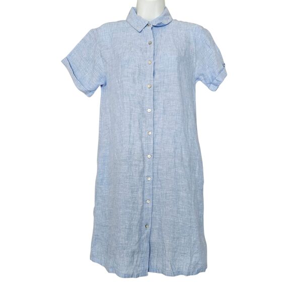 Tahari 100% Linen Shirt Dress Womens XS Blue Button Front Pockets - Picture 2 of 8